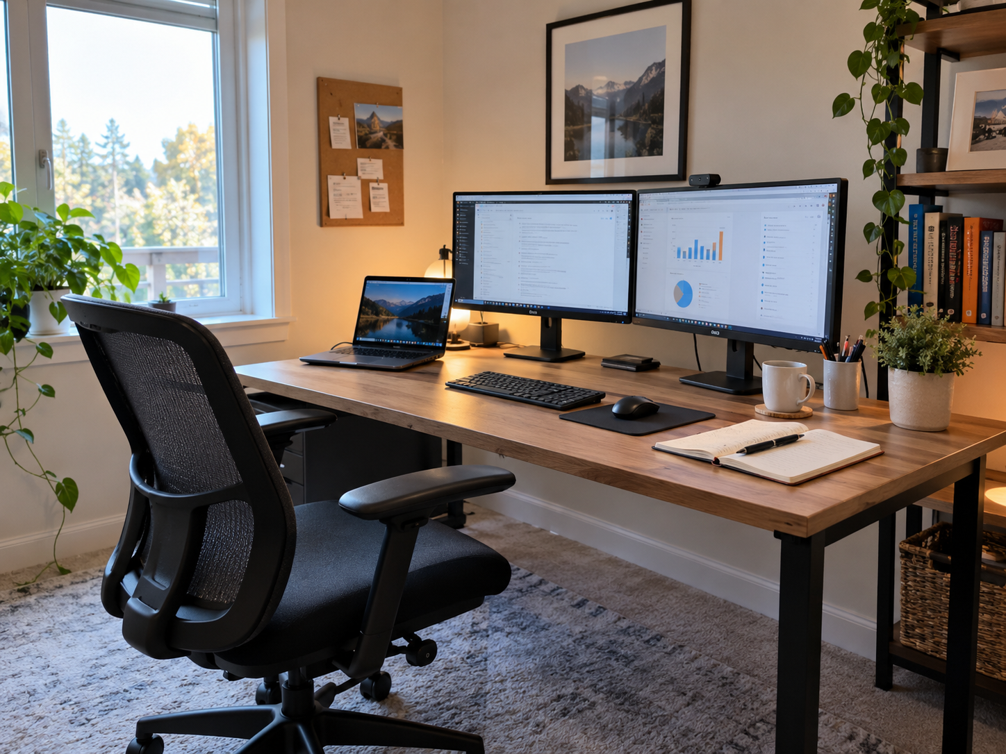 Ambiente de trabalho com monitores mostrando análises e gráficos